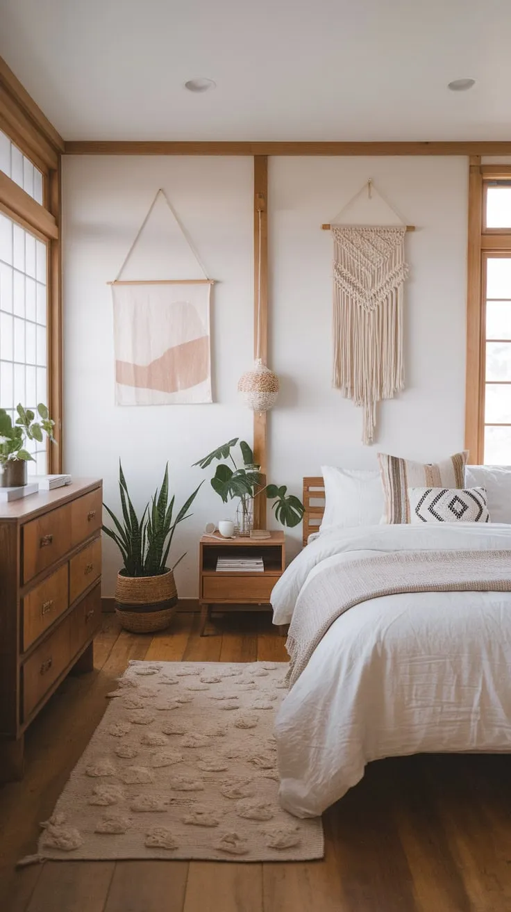 Minimalist Japanese influences meet boho chic in a serene bedroom featuring natural wood floors and sparse yet stylish furnishings.