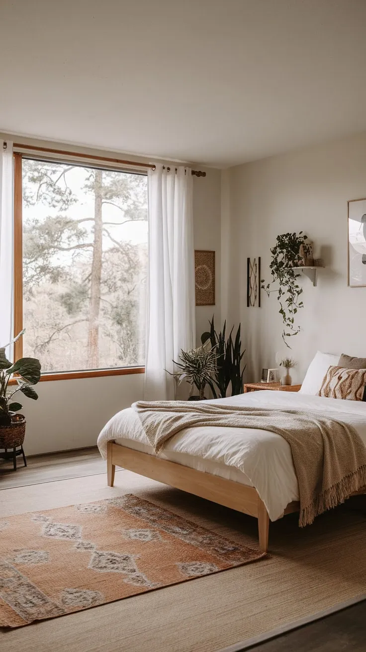 Serene white walls, a queen bed, and lush greenery create a minimalist boho-chic bedroom sanctuary with a Japanese-inspired touch.
