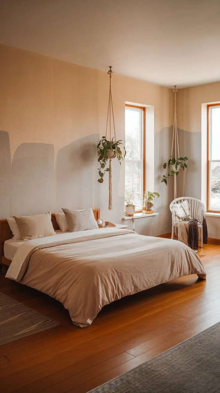 A serene boho-chic bedroom features a queen bed, hanging planters, and a neutral palette creating a calming minimalist space.