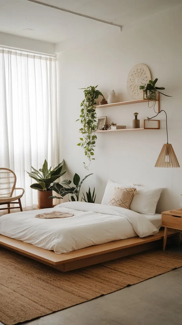 A calming Japanese-inspired boho chic bedroom boasts a low wooden bed, woven rug, and carefully placed plants creating a tranquil atmosphere.