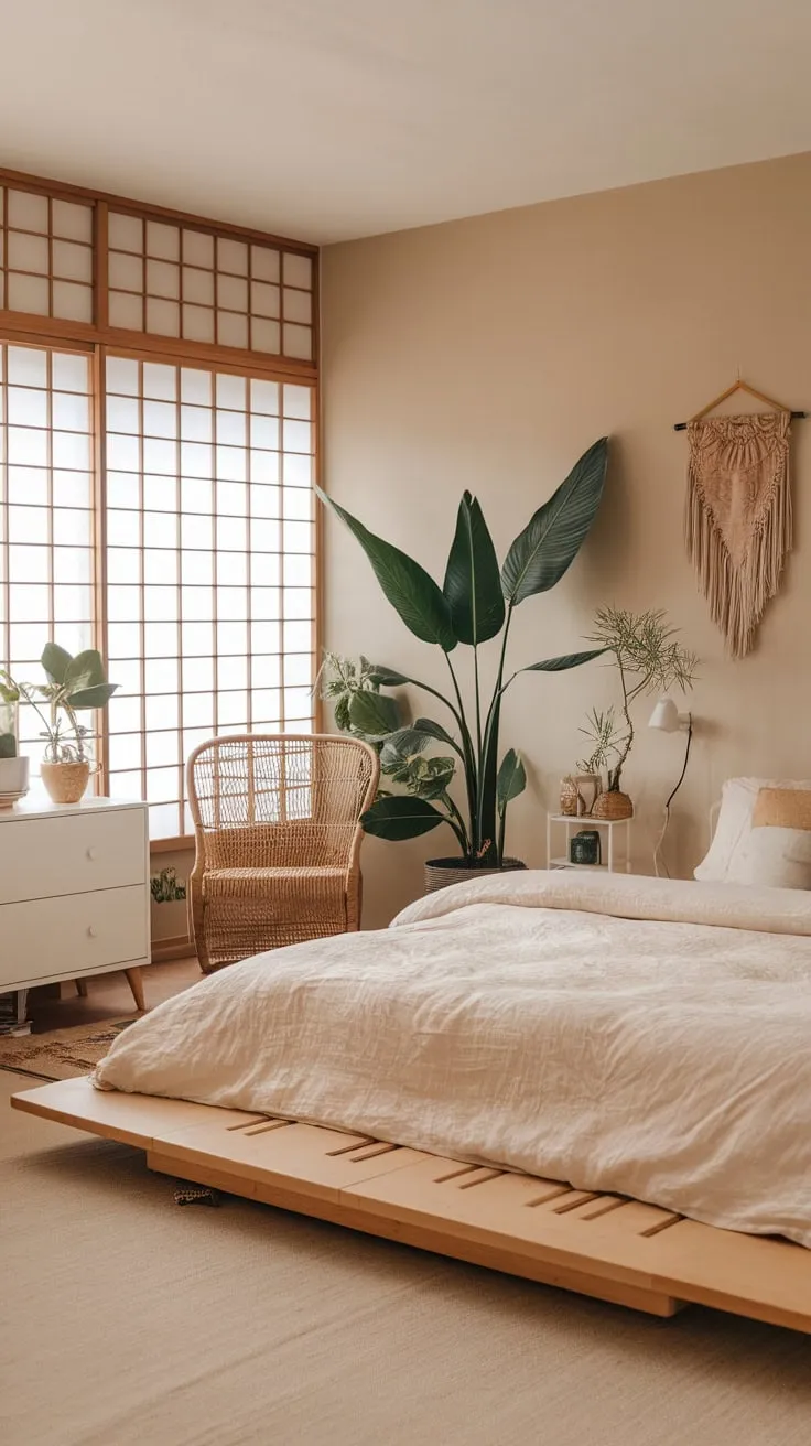 Soft beige walls and a low wooden platform bed create a calming Asian-inspired boho haven filled with plants and natural light.