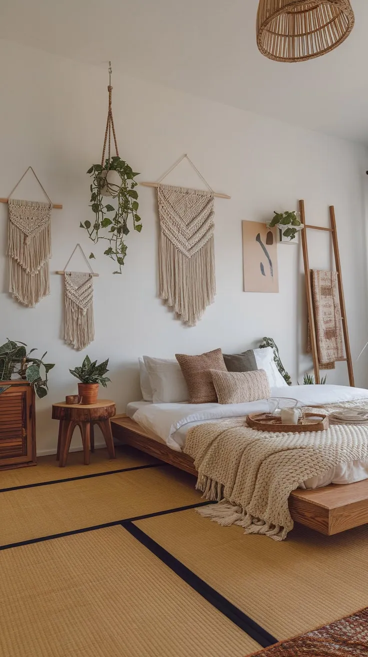 A tranquil boho chic bedroom blends Japanese tatami mats with macrame, plants, and wooden furniture for a peaceful retreat.