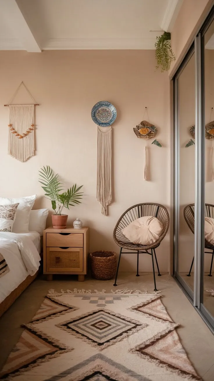 Soft beige walls, a geometric rug, and minimalist Asian-inspired accents create a serene boho chic bedroom retreat