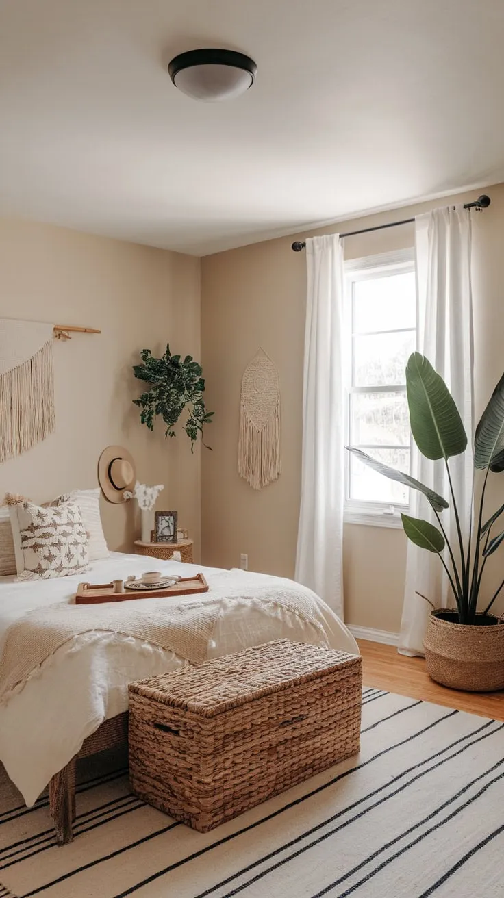 A minimalist boho chic bedroom features natural textures, a large plant, and carefully curated personal touches for a serene and stylish space