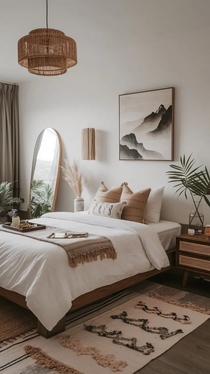 A tranquil white bedroom blends minimalist boho chic with Japanese influences, featuring natural wood, subtle decor, and a peaceful atmosphere.