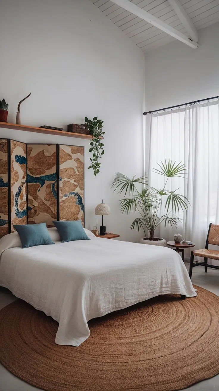 A serene Japanese-inspired boho chic bedroom features a queen bed, lush plants, and a striking paper screen against a backdrop of white walls.