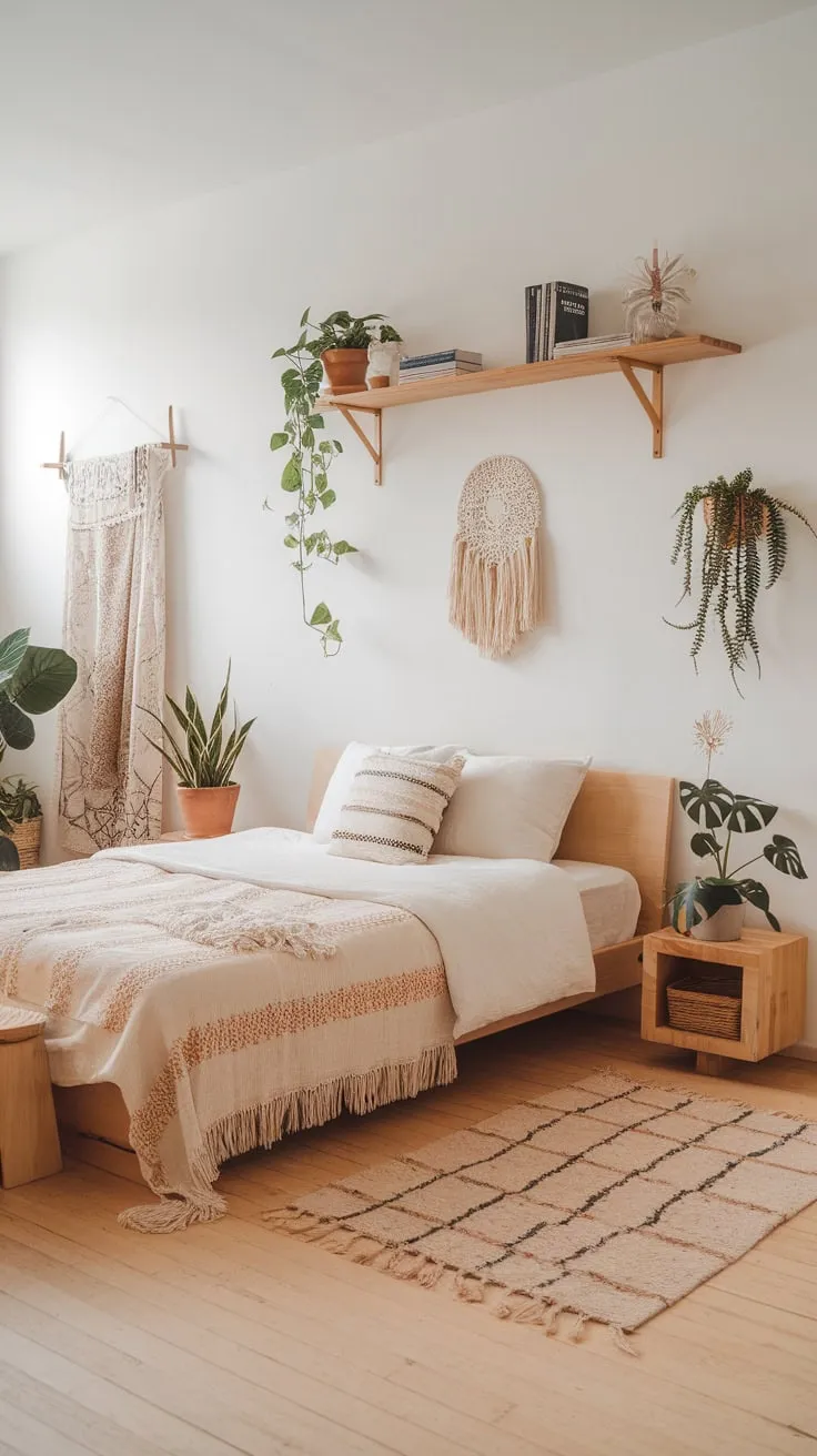 Clean lines and natural textures create a serene boho-chic minimalist bedroom sanctuary