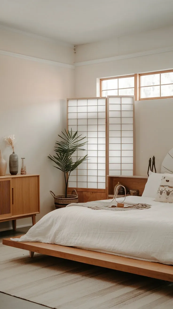 Serene minimalist boho chic meets Japanese zen in a sunlit bedroom featuring a wooden platform bed and calming decor