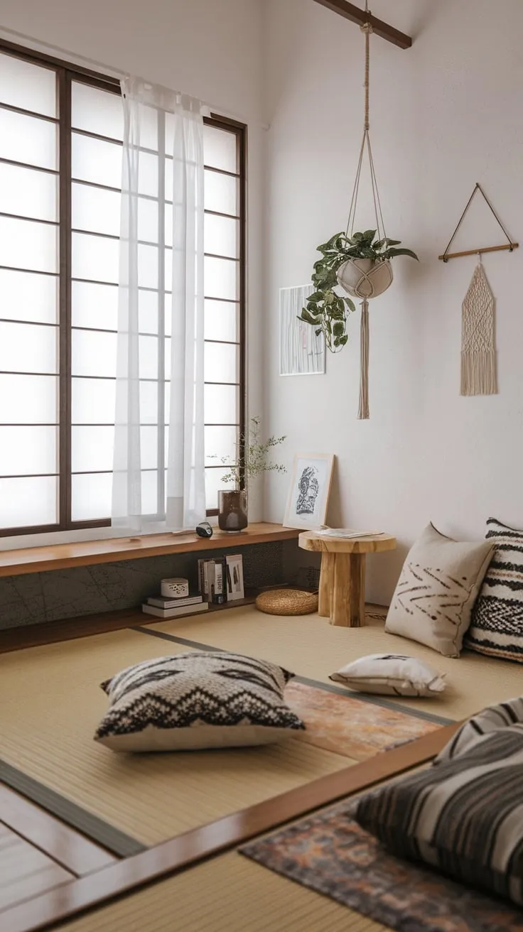 A low wooden bed, hanging plants, and simple artwork create a peaceful Japanese-influenced boho chic sanctuary.