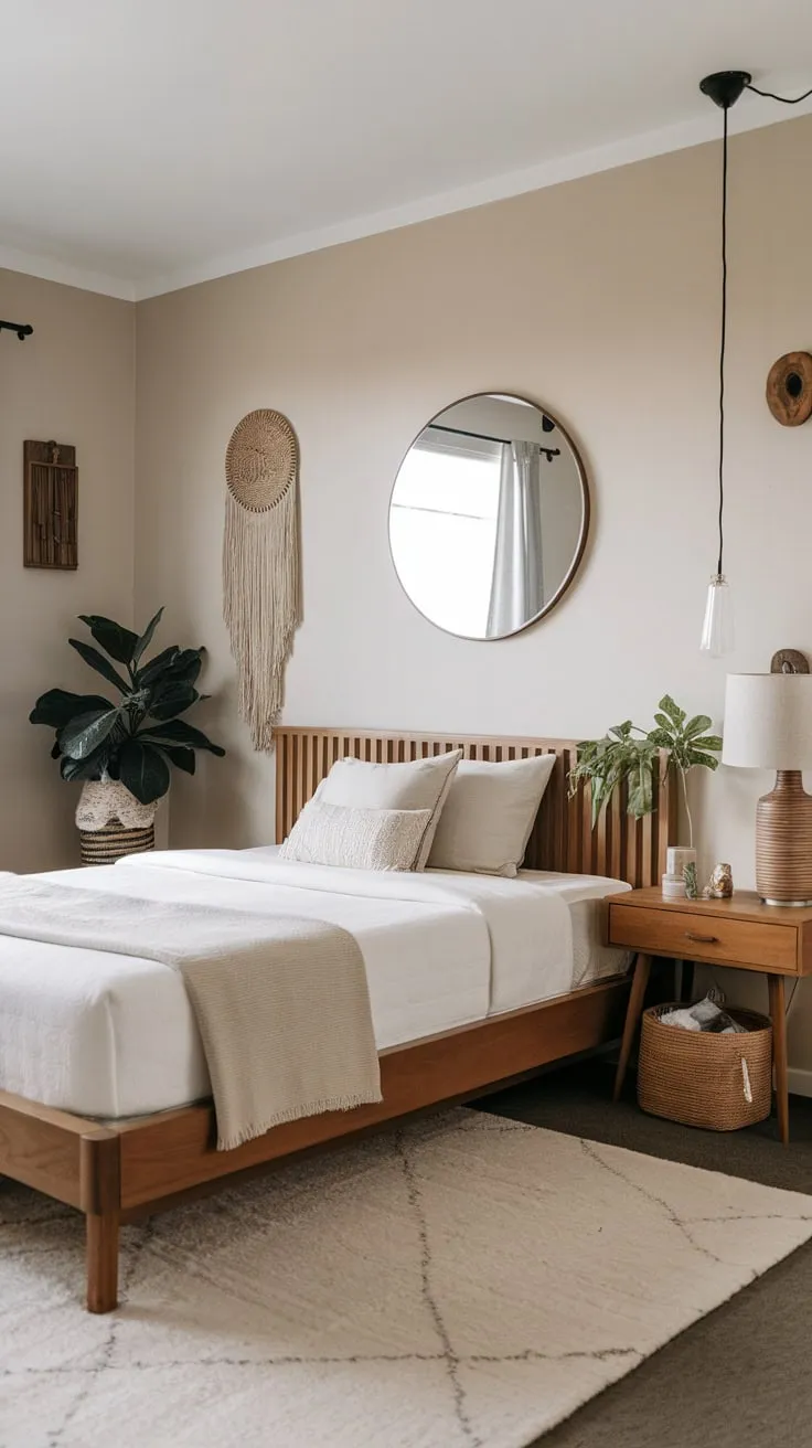 Serene beige walls frame a minimalist king-size bed, accented with Asian-inspired décor and natural textures for a calming boho-chic sanctuary