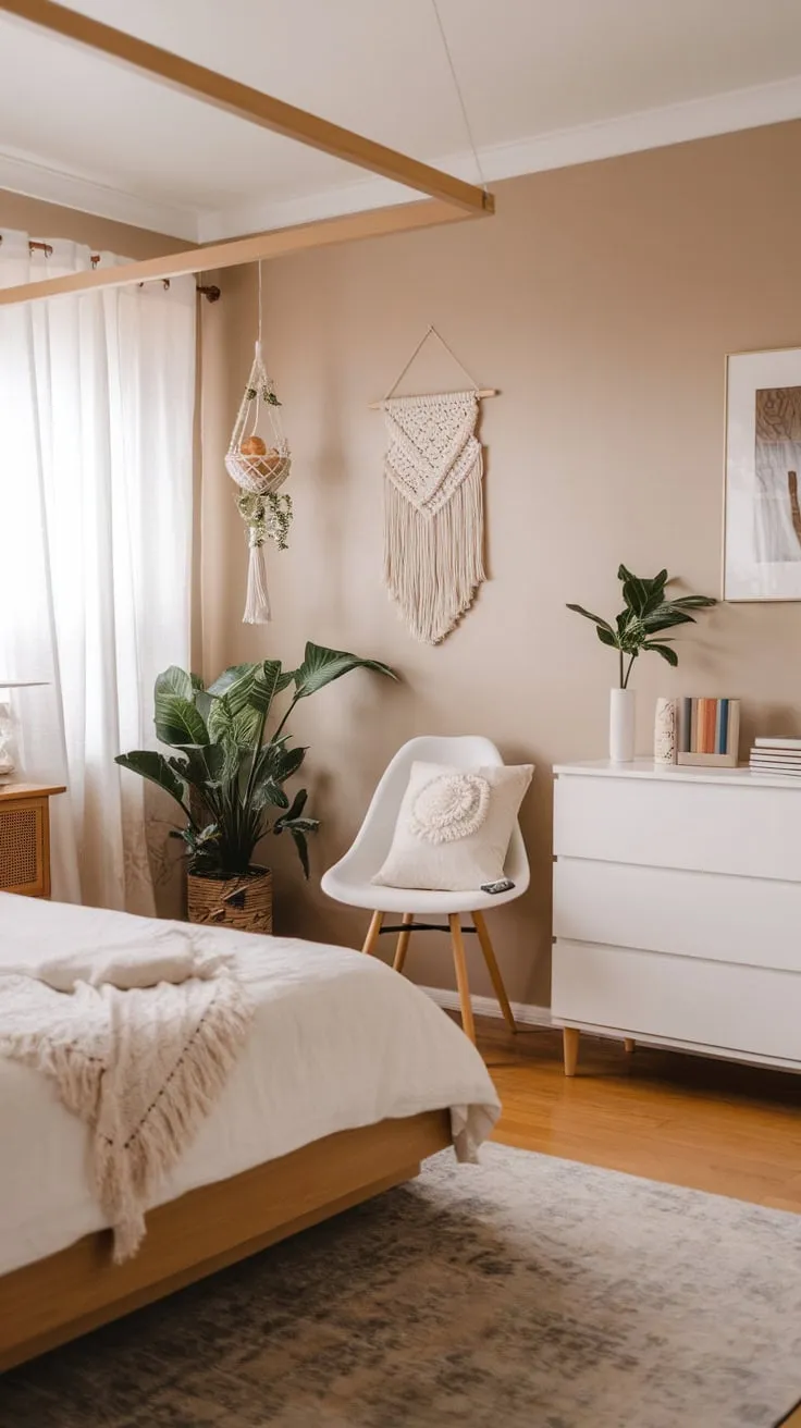 A calming minimalist boho bedroom blends whitewashed furniture with natural wood floors and delicate Asian-inspired details.