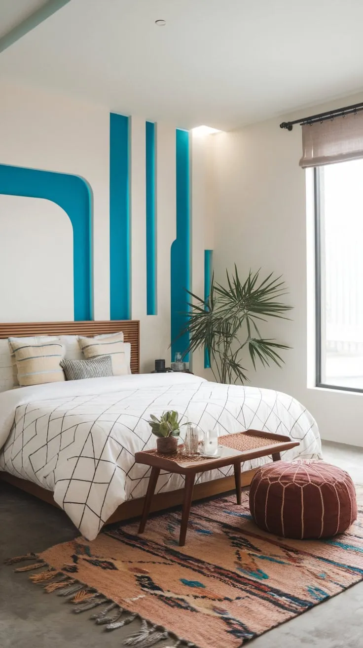A minimalist Asian-inspired boho chic bedroom features electric blue accents, geometric bedding, and a cozy seating area.