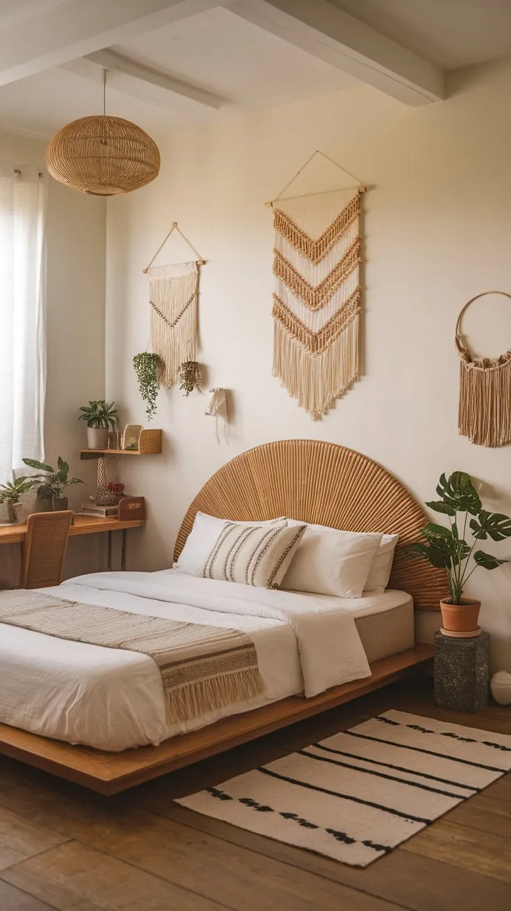 A serene Asian-inspired bedroom blends minimalist design with boho chic elements, creating a peaceful retreat.