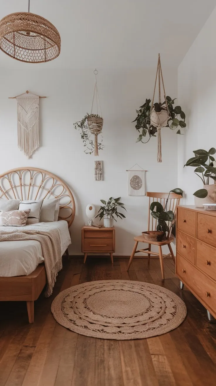 Soft lighting illuminates a minimalist boho-chic bedroom featuring natural wood, woven textures, and calming Asian-inspired accents.