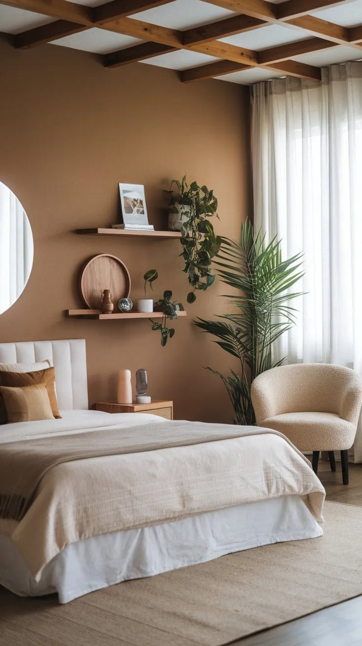 A minimalist Japanese-inspired boho chic bedroom features a queen bed, wooden beams, and calming earth tones accented by plants and a circular mirror.