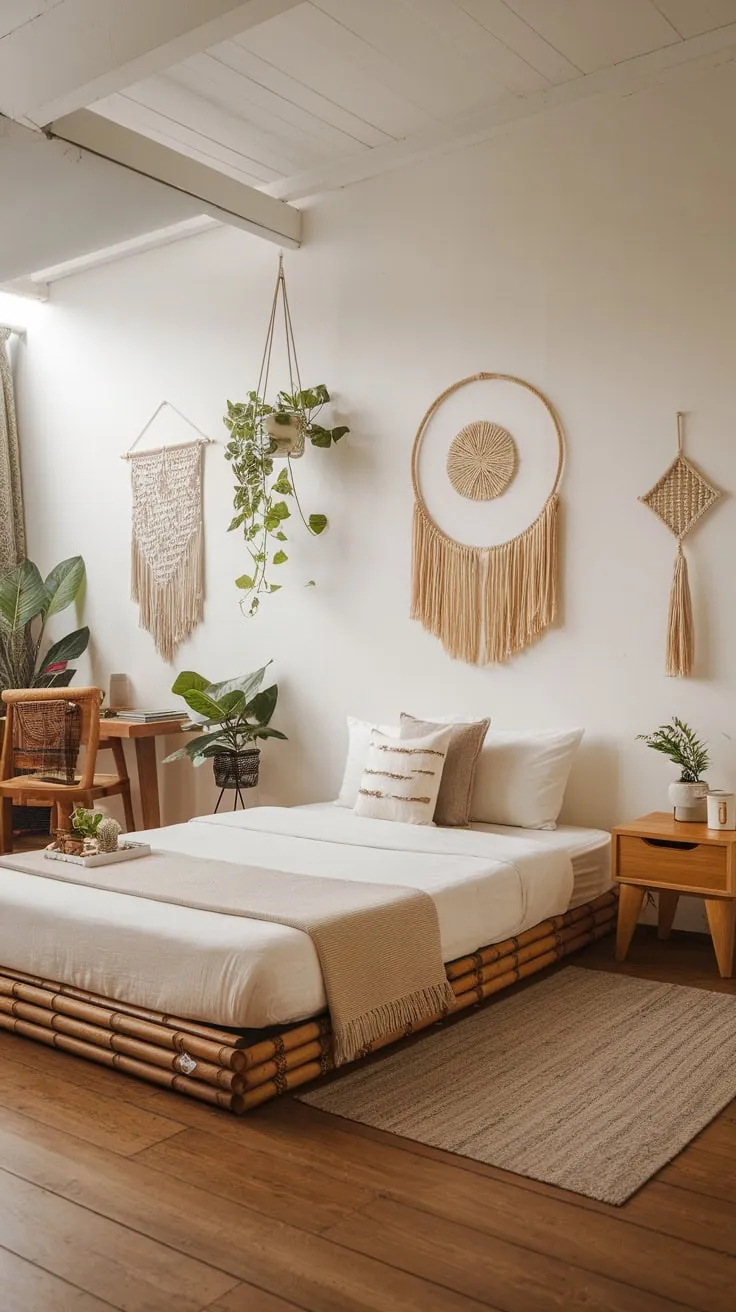 White walls and a wooden floor create a serene backdrop for this calming boho chic bedroom with subtle Asian influences.
