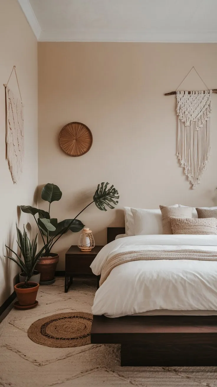 Soft lighting illuminates a tranquil Japanese-inspired boho bedroom featuring a platform bed, macrame, and potted plants.