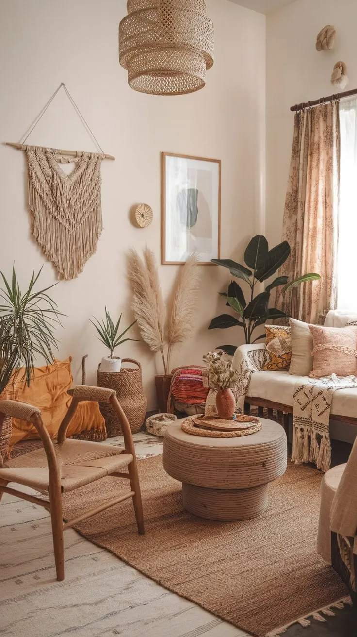 A woven rug, macrame, and wooden furniture define this eclectic yet calming boho chic living space.