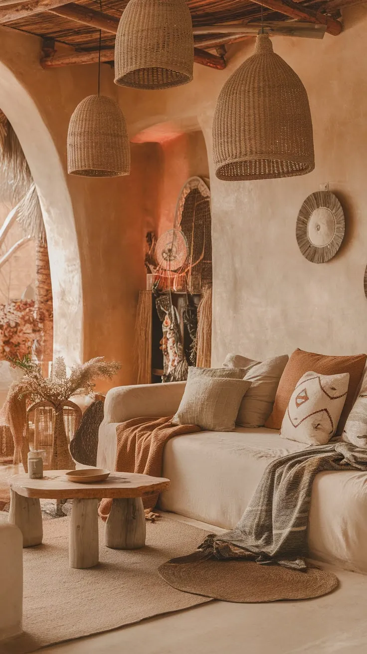 Earthy tones, natural materials, and vintage boho furnishings create a relaxed and artistic boho chic living room.