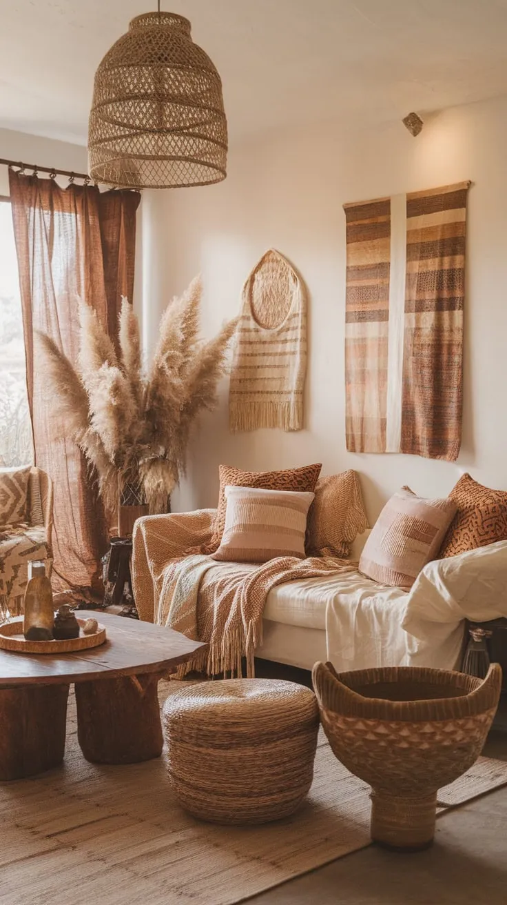 Earthy tones, vintage finds, and natural textures create a relaxed bohemian haven in this cozy living room.