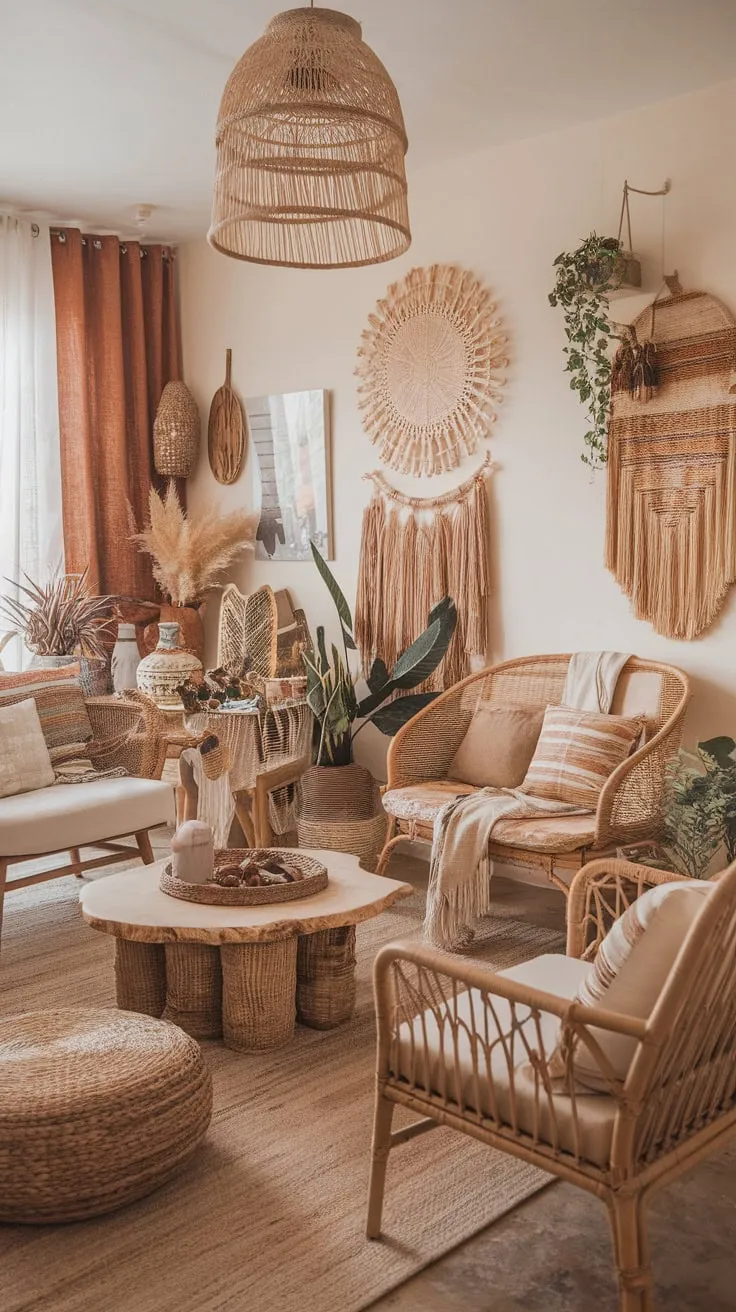 Earthy tones, vintage finds, and lush greenery create a relaxed and inviting boho chic living room.