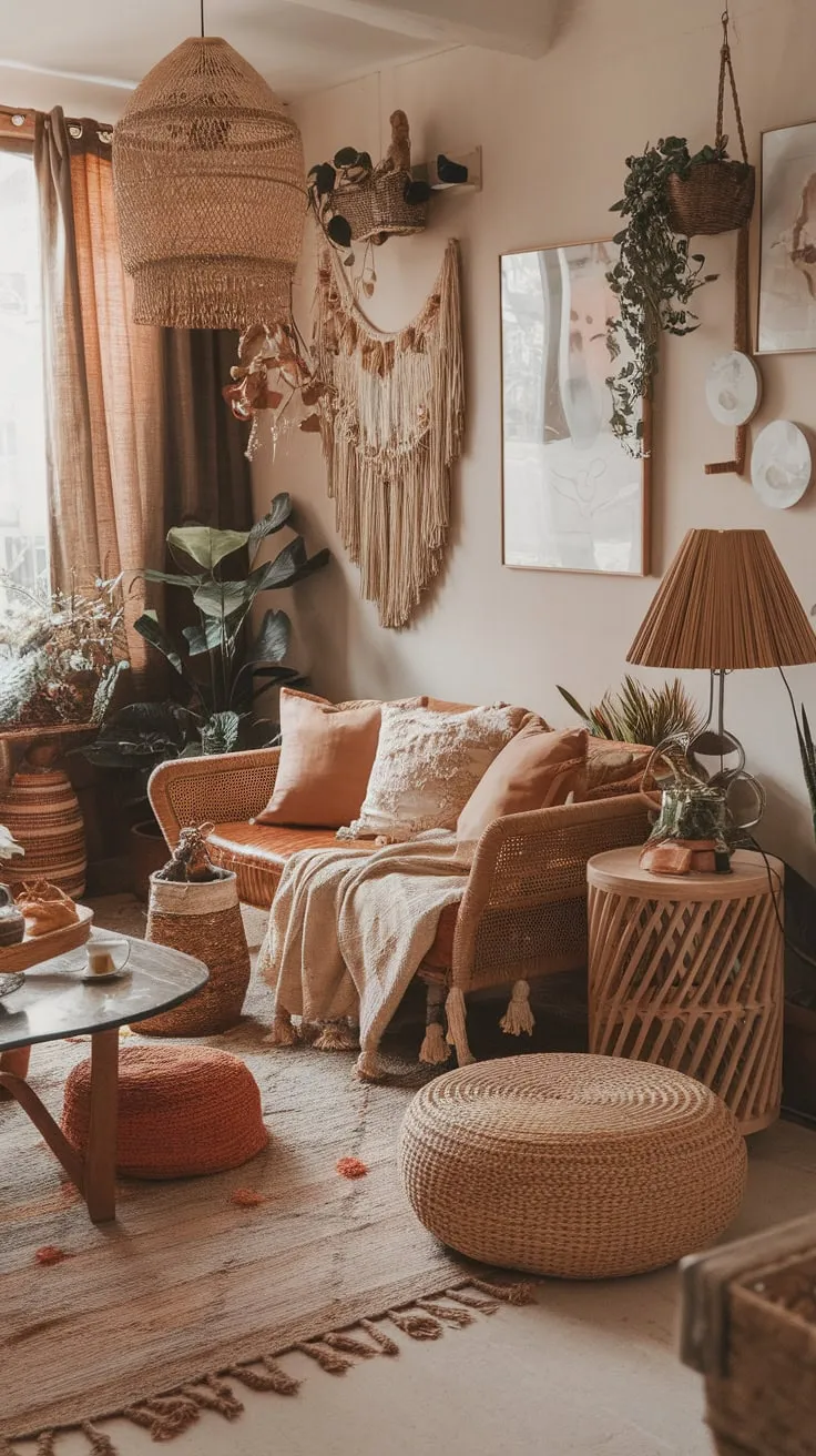 Earthy tones, vintage furnishings, and lush greenery create a relaxed and inviting boho chic living room.