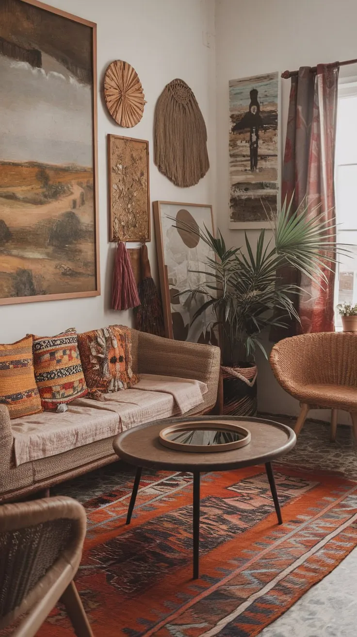 Earthy tones, natural materials, and eclectic décor create a cozy and inviting boho chic living room.