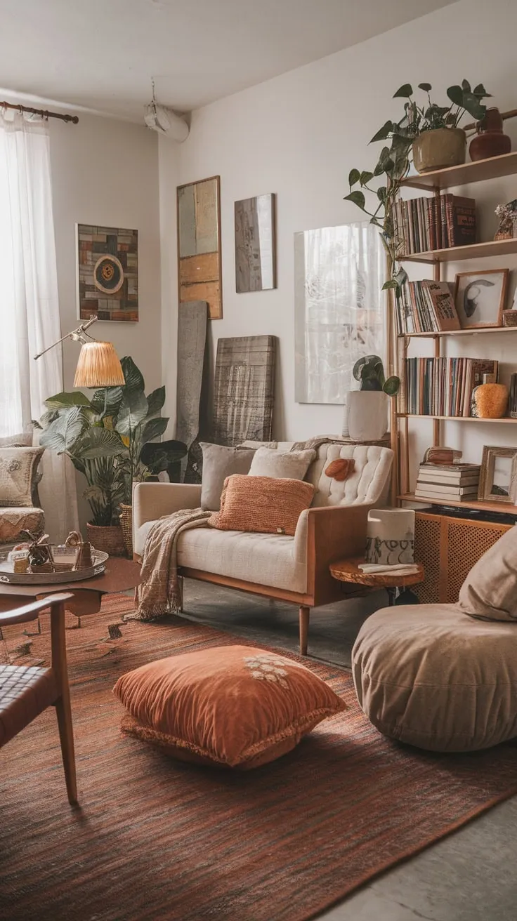 Earthy tones, natural materials, and eclectic furnishings create a relaxed, artistic boho chic living room.