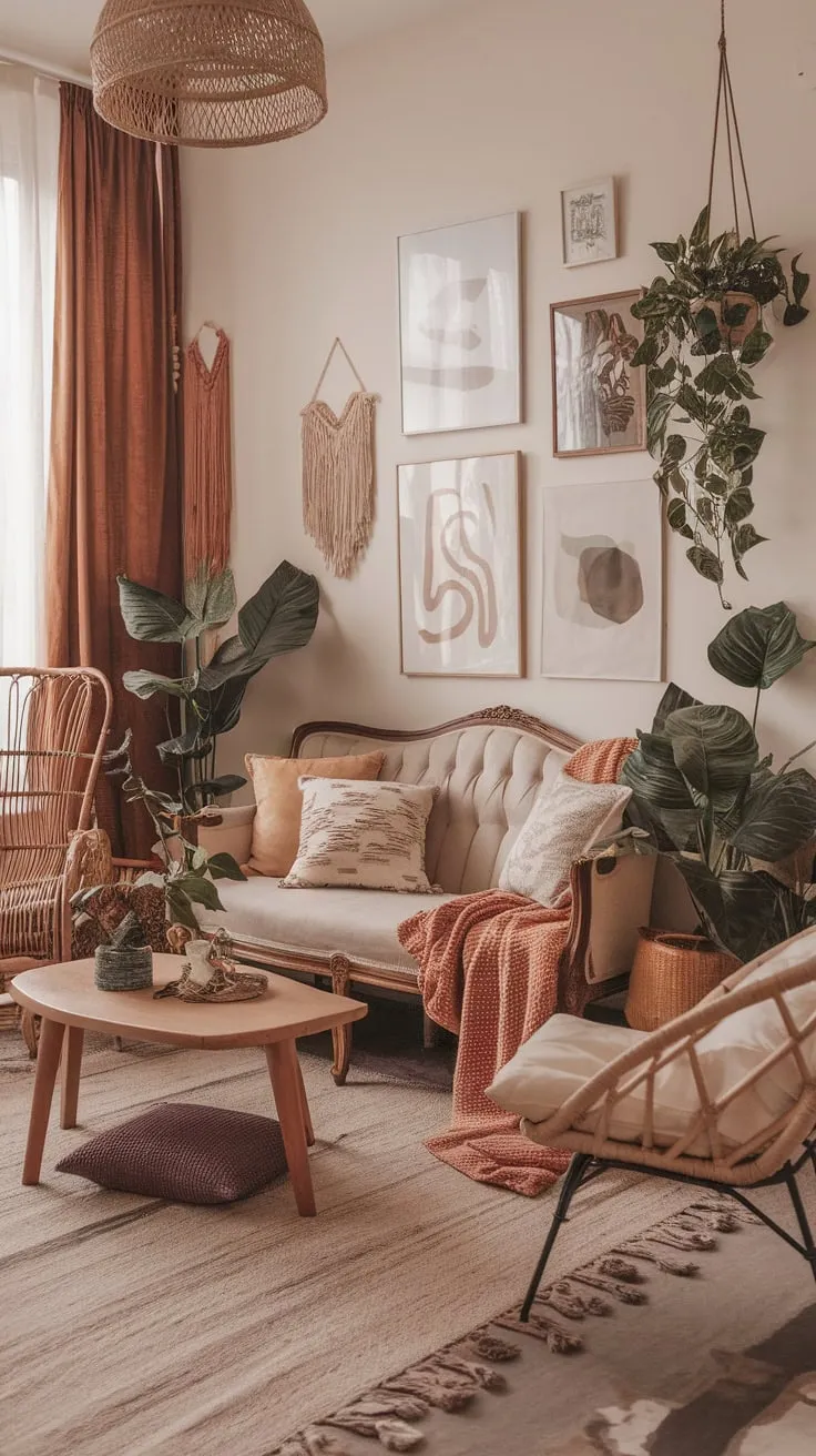 Earthy tones, natural materials, and eclectic furniture create a cozy, artistic boho chic living room.