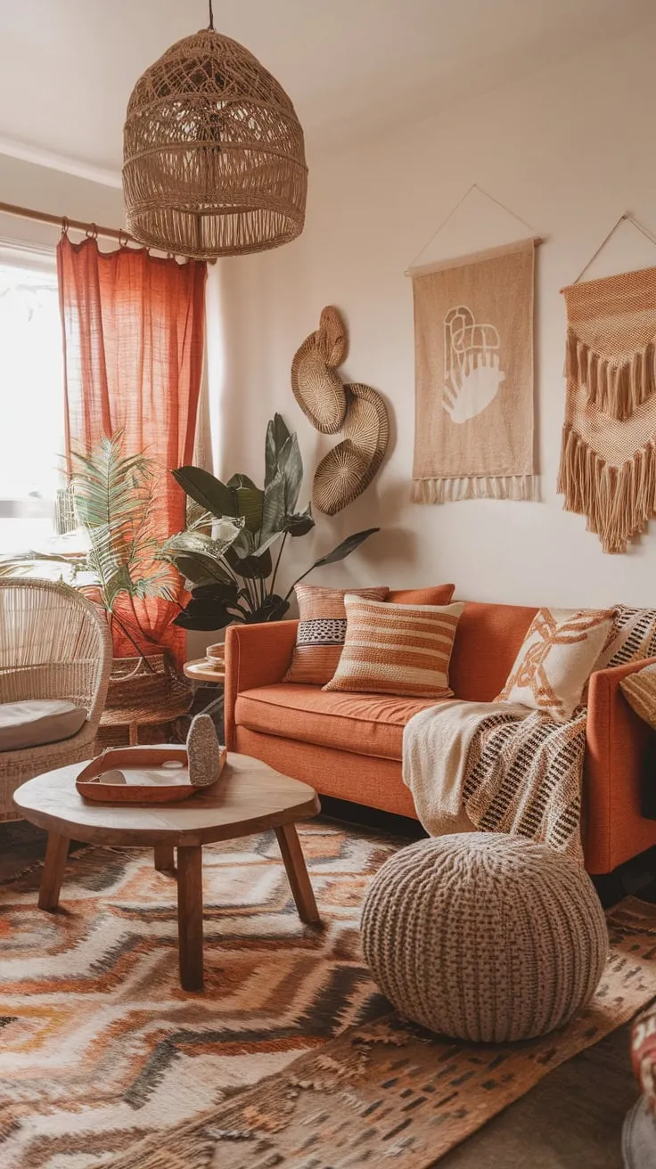 Earthy tones, natural materials, and eclectic decor create a cozy, vintage-inspired boho chic living room.