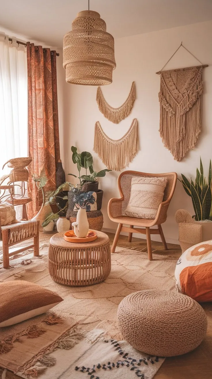 A bohemian living room blends eclectic furniture, warm colors, and handcrafted details for a uniquely chic space
