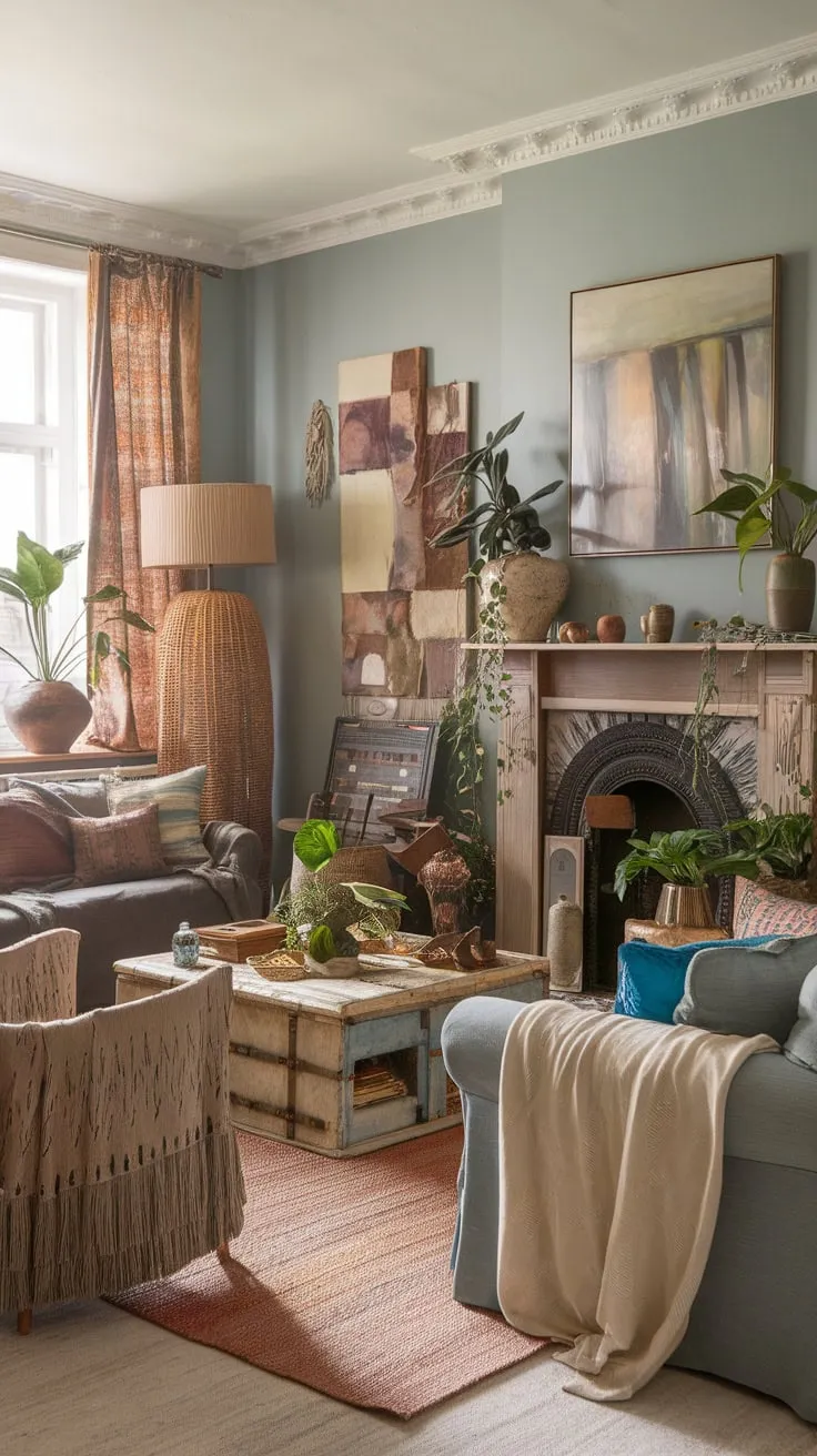 Earthy tones, vintage furnishings, and artistic accents create a relaxed boho chic living room atmosphere.