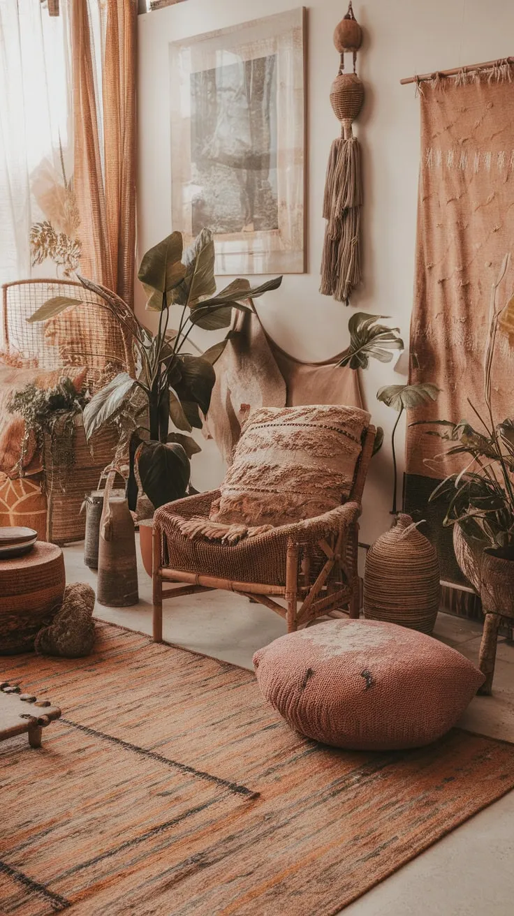 A sun-drenched boho chic living room showcases vintage finds, plush textures, and artistic flair for a relaxed atmosphere.