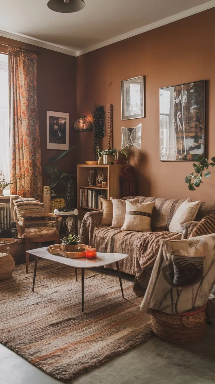 A curated collection of eclectic décor and comfy furniture defines this inviting boho chic living space.