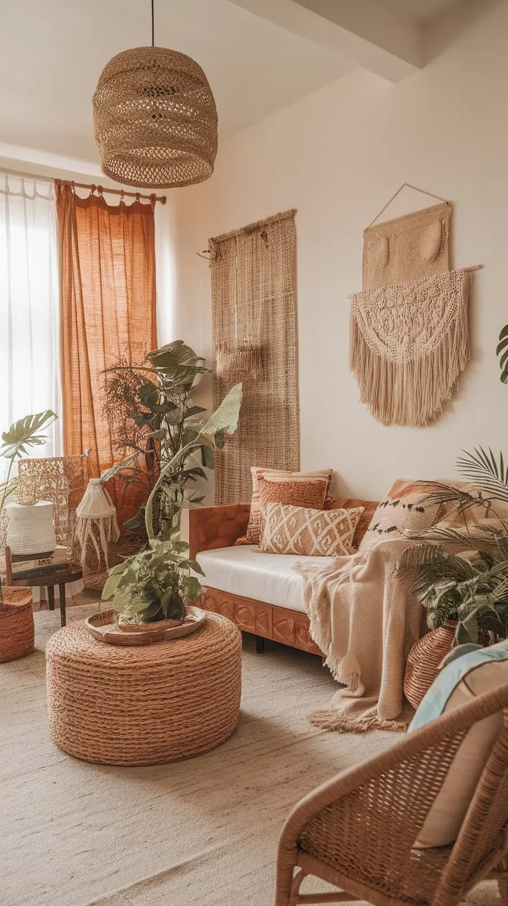 A cozy boho chic living room blends natural materials, eclectic decor, and a relaxed atmosphere for a truly inviting space.