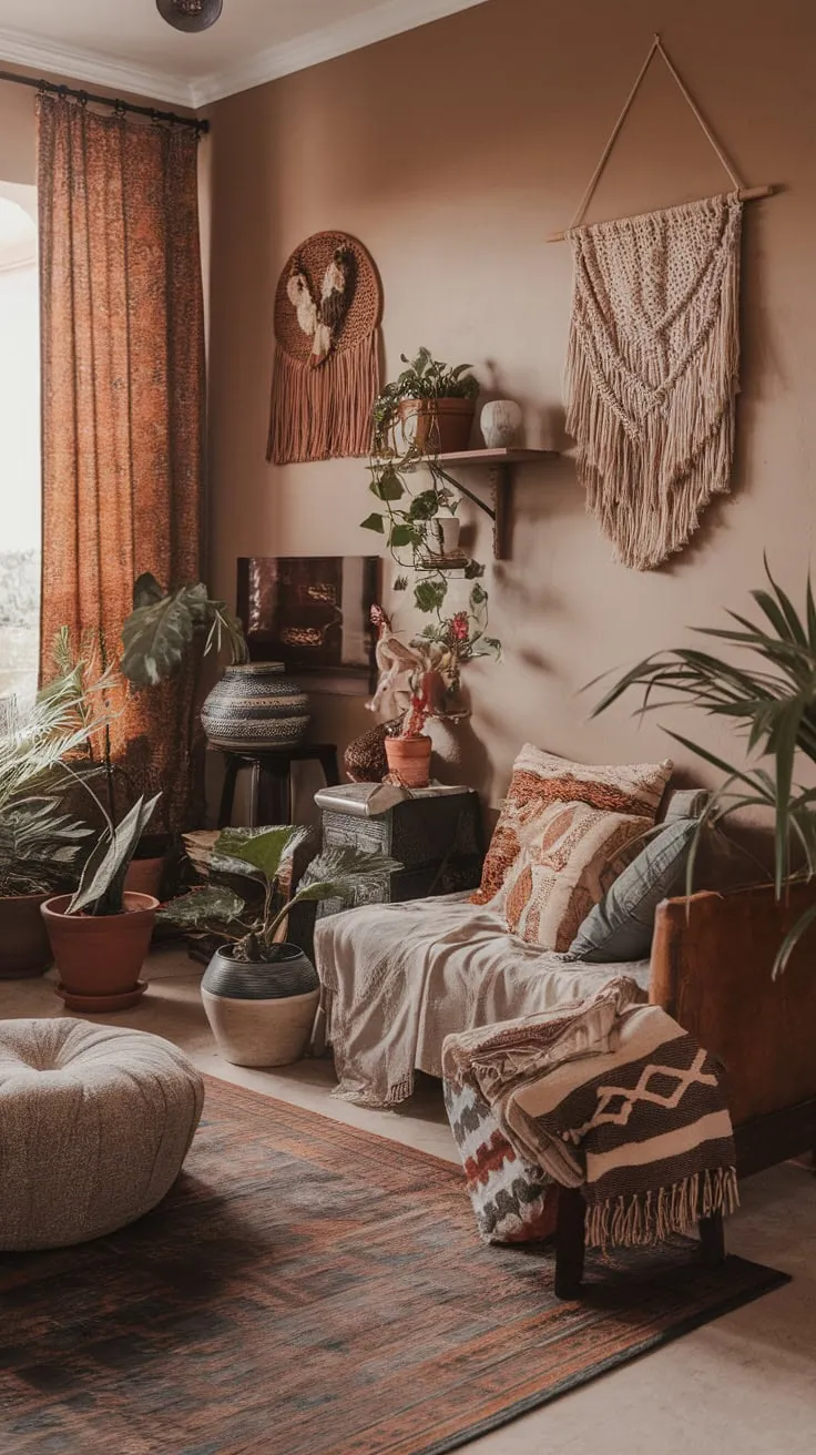 Earthy tones, eclectic furnishings, and lush plants create a relaxed boho chic living room atmosphere.