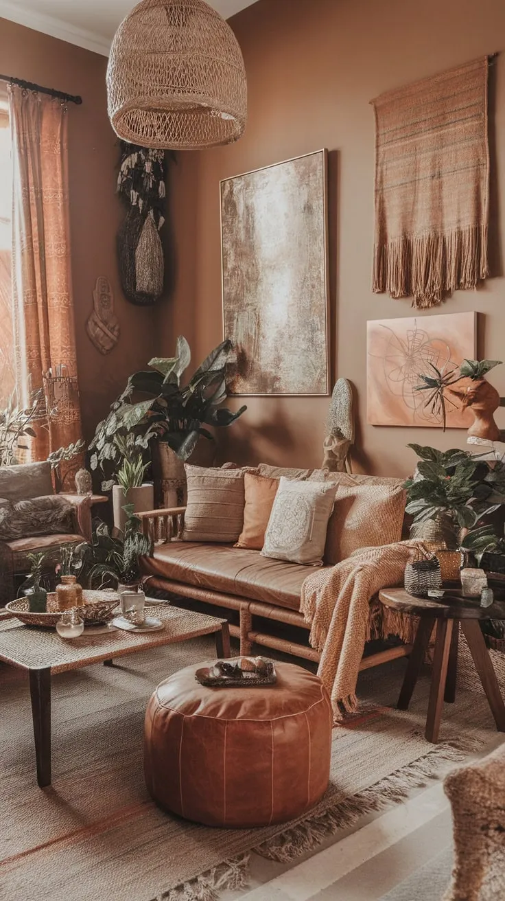 A relaxed boho chic living room showcases eclectic decor, natural materials, and artistic elements for a cozy, vintage vibe.