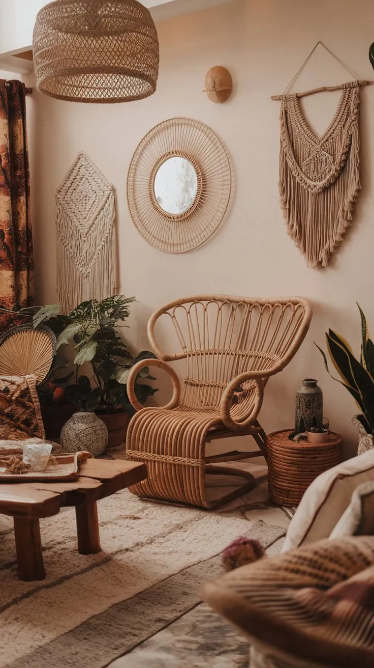 A plush rug, macrame wall hanging, and soft lighting complete the eclectic boho chic vibe of this inviting space.