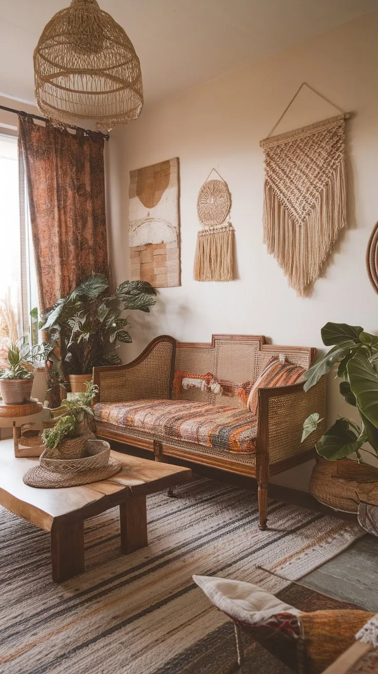 Earthy tones, natural materials, and eclectic décor create a cozy and inviting boho chic living room.