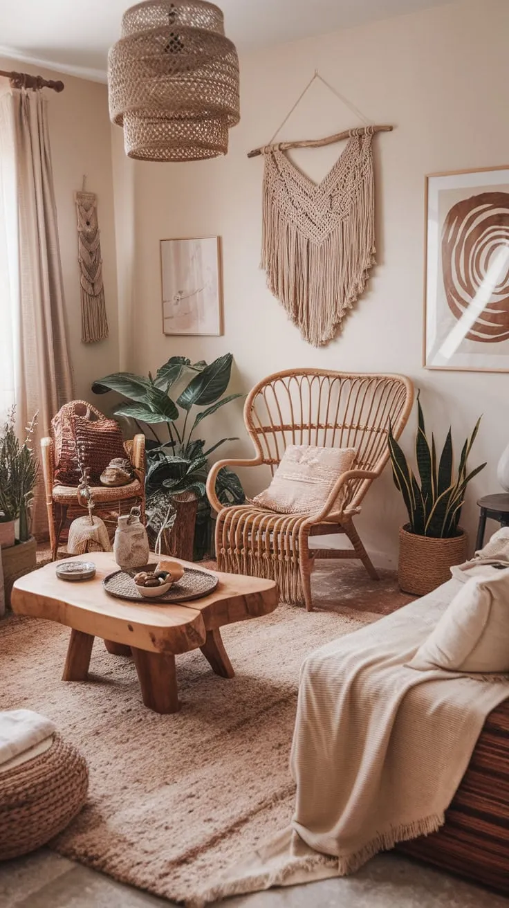 A plush rug, macrame, and eclectic decor define this inviting boho chic living space.