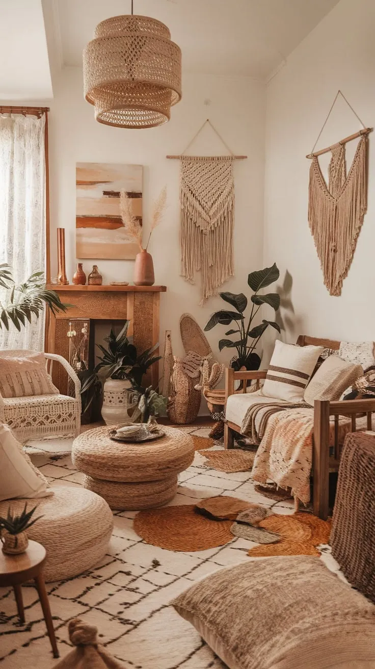 A relaxed boho chic living room blends natural materials, eclectic decor, and artistic touches for a welcoming atmosphere.