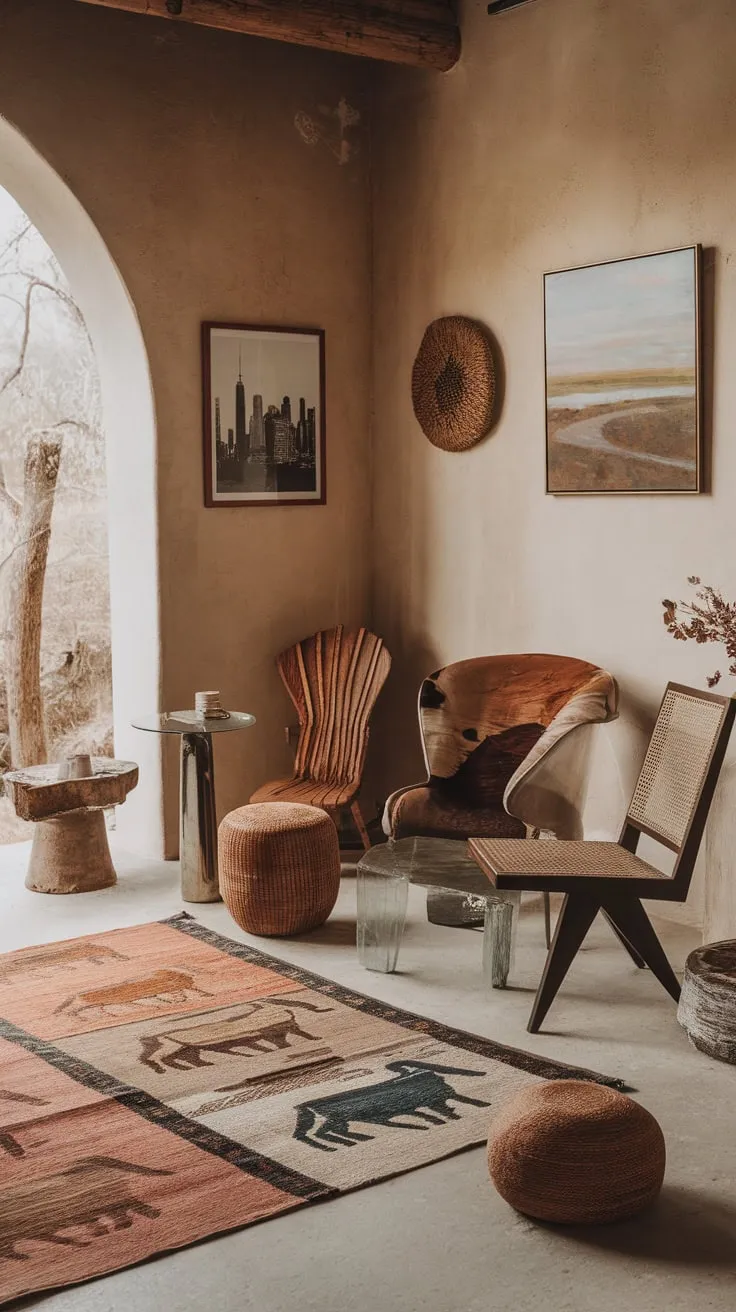 Earthy tones, eclectic furniture, and animal-print rugs create a captivating boho chic living room.
