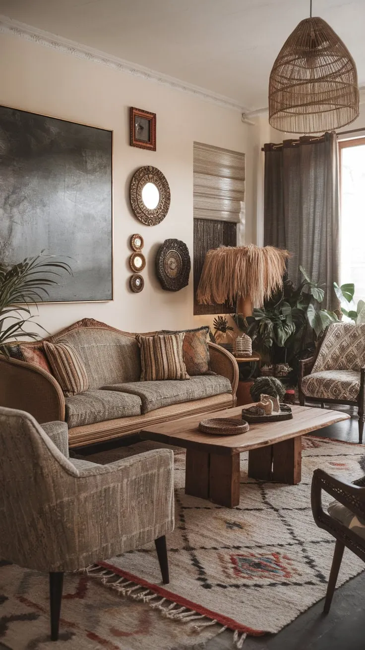 A vintage sofa, geometric rug, and diverse artwork define this inviting boho chic living space.