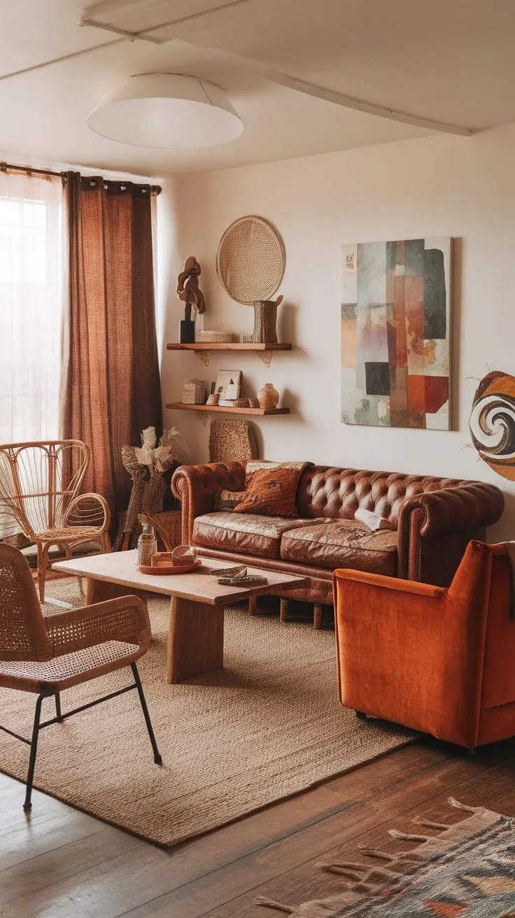 Earthy tones, natural materials, and eclectic vintage furnishings create a cozy, relaxed boho chic living room.