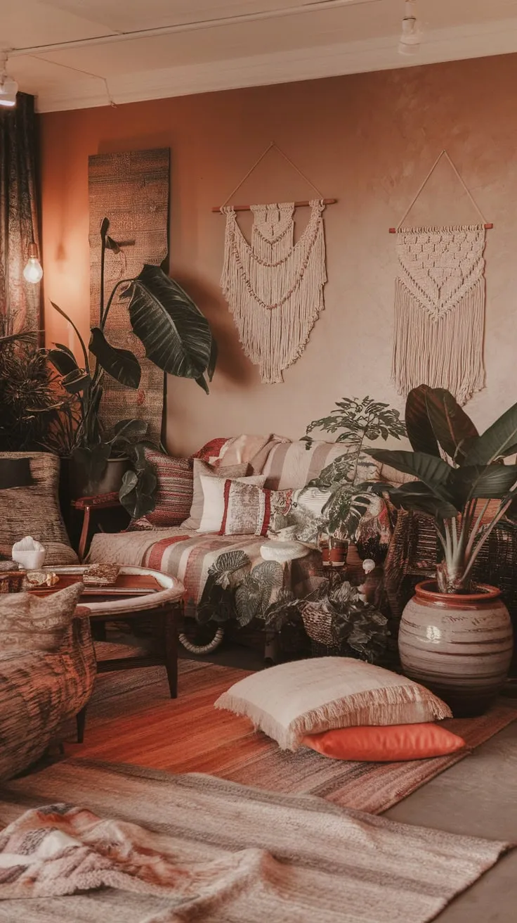 Warm lighting and textured details transform this living room into a relaxed bohemian haven.