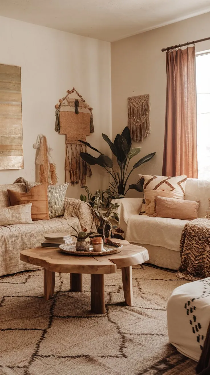 A beige sofa, patterned rug, and artistic accents define this inviting, boho-chic living space.