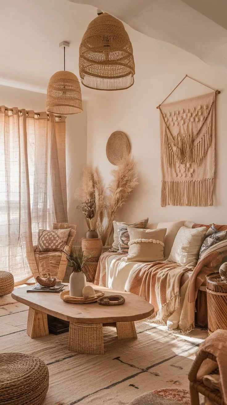 A relaxed bohemian living room overflows with eclectic style and artistic charm.