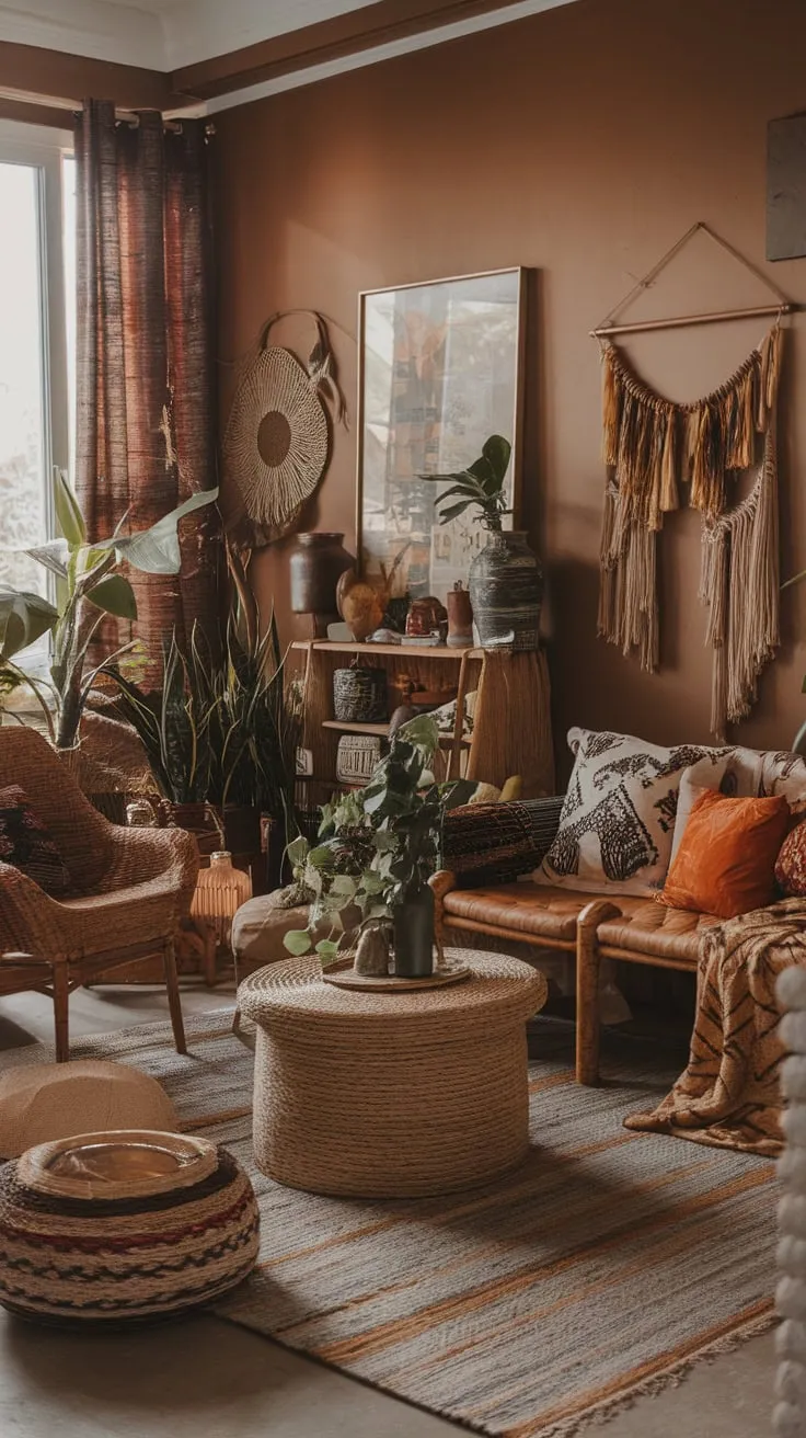 A cozy boho chic living room blends artistic pieces with plants and natural textures for a relaxed and inviting atmosphere.