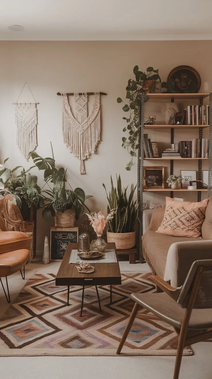 Earthy tones, eclectic furniture, and lush plants create a captivating boho chic living room.