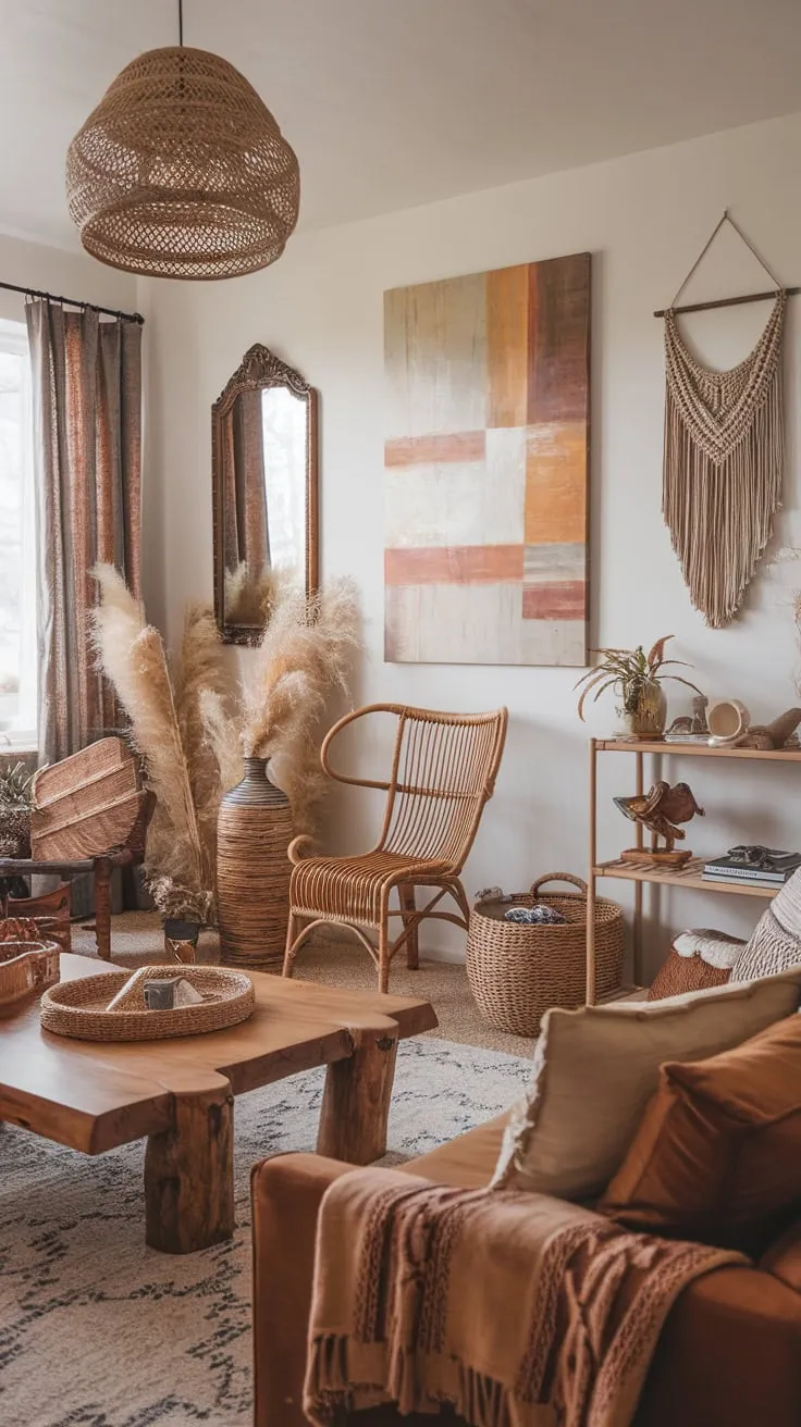 A relaxed vibe fills this boho-chic living room, showcasing natural textures and artistic flair in a vintage-inspired space.
